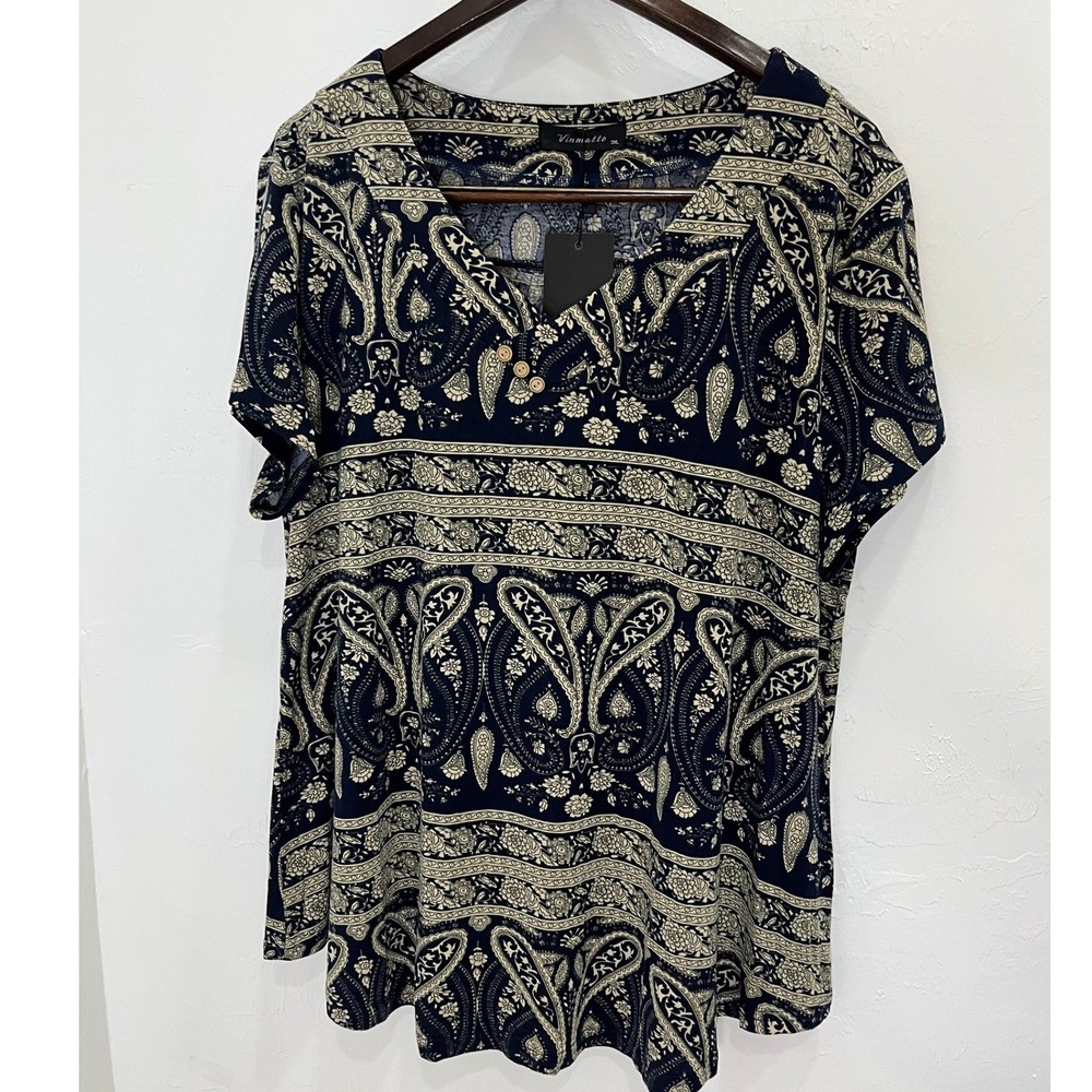 Vinmatto Paisleyโ Floral Blouse Womens 3XL Navy Blue New Boho Short Sleeve Top